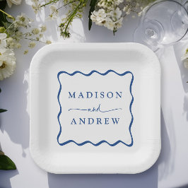 Modernes Blue Wavy Frame Wedding Pappteller