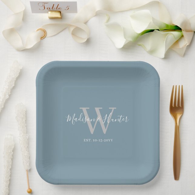 Modernes Blue Wedding Script Monogram Pappteller (Hochzeit)