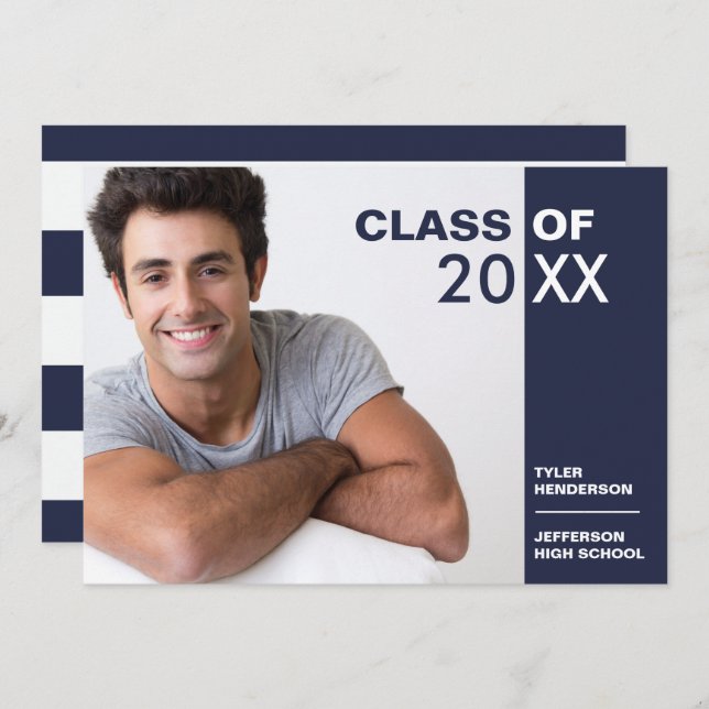 Modernes Blue White Abschluss Foto Party laden ein Einladung (Vorne/Hinten)