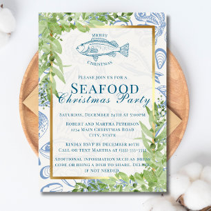 Modernes Blue White Fish Seafood Weihnachtsfest Pa Einladung