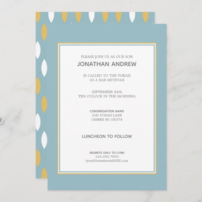 Modernes Blue White & Gold Muster Bar Mitzvah Einladung (Vorne/Hinten)