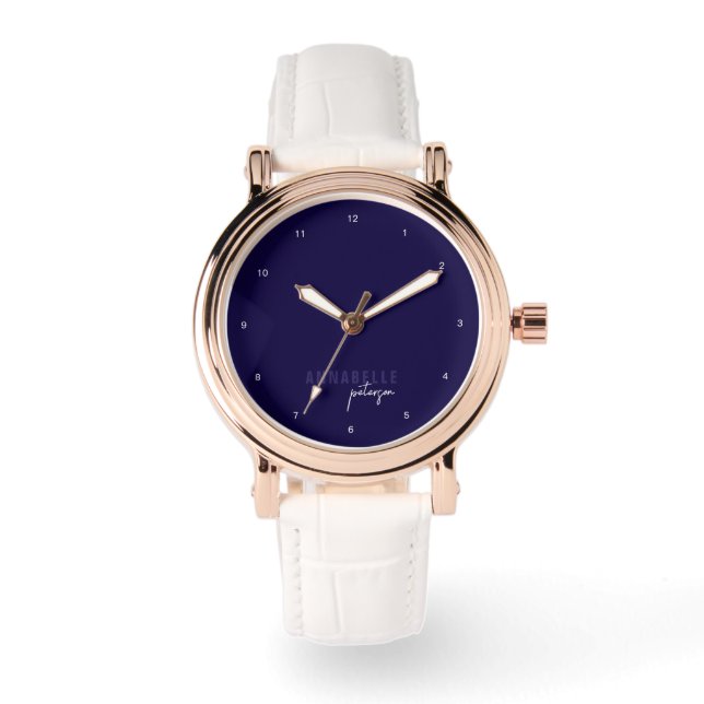 Modernes Blue & White Minimal Script Personalisier Armbanduhr (Vorderseite)