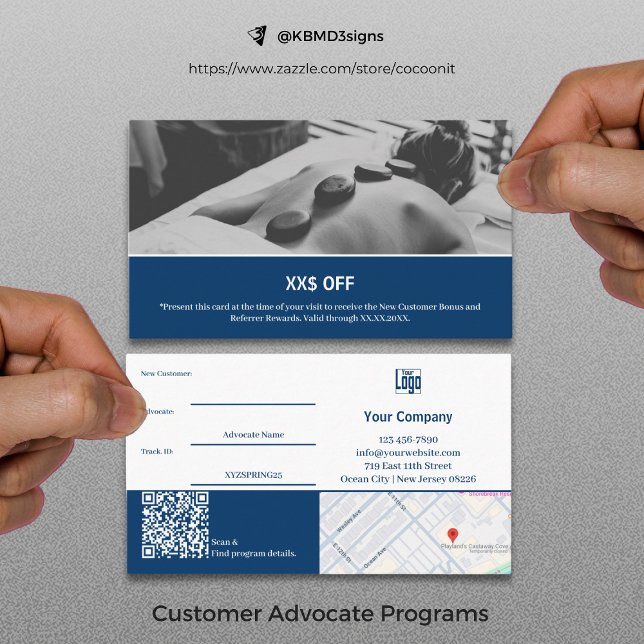 Modernes Blue White Neuer Kundendienst belohnen Empfehlungskarte (Modern Blue White New Customer Advocate Reward Referral Card)