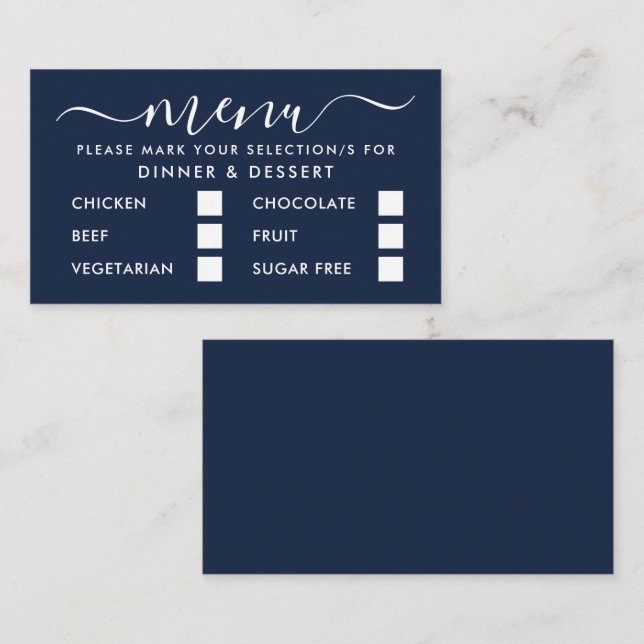 Modernes Blue & White Simple Script Menu Auswahl Begleitkarte (Vorne/Hinten)