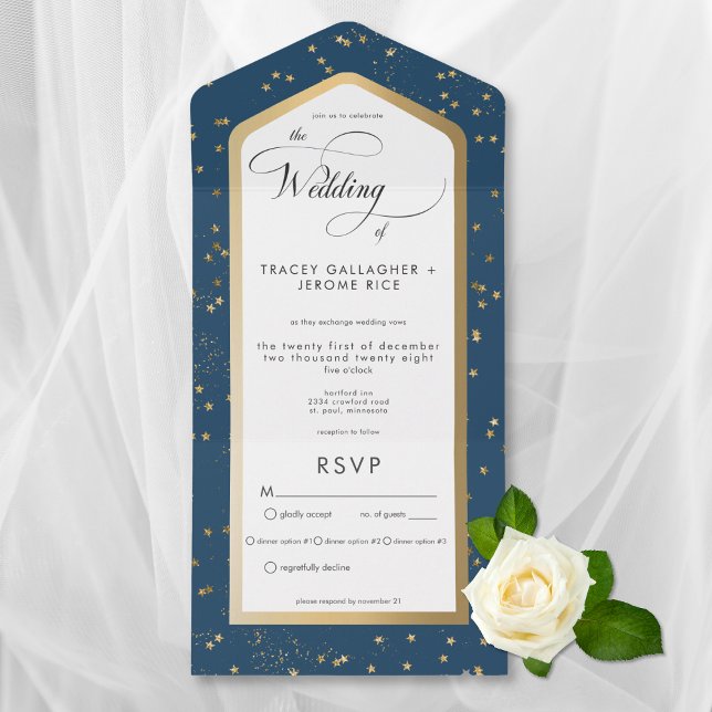 Modernes Blue & White Stare Gold Dinner All In One Einladung (Modern Blue & White Starry Gold All In One Wedding Invitation with Dinner Options)