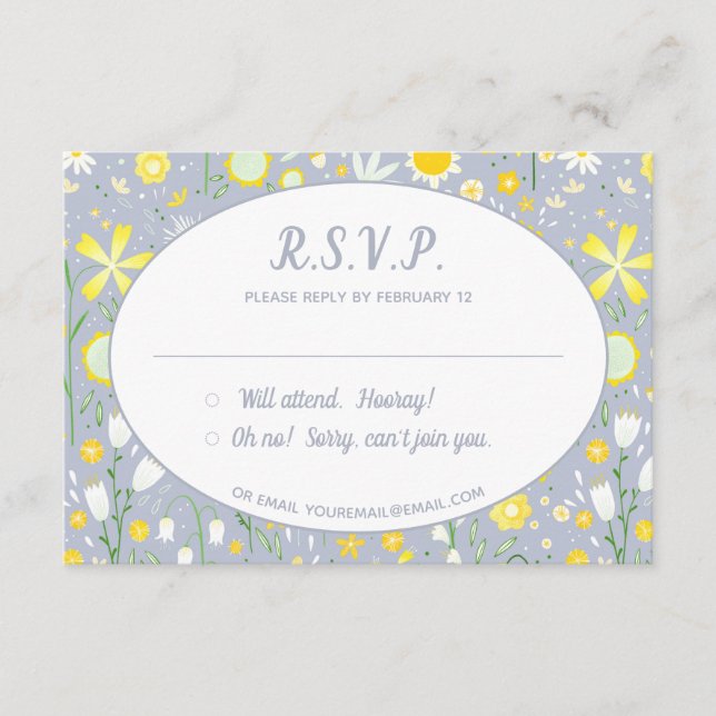 Modernes Blue Yellow Floral Wedding RSVP Begleitkarte (Vorderseite)