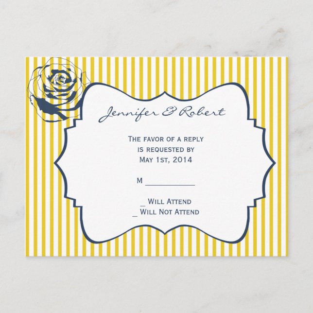 Modernes Blue Yellow Stripe Wedding RSVP Einladungspostkarte (Vorderseite)
