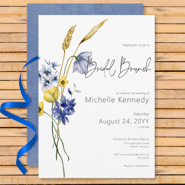 Modernes Blue & Yellow Wildblumen Bridal Brunch Einladung (Modern Blue & Yellow Wildflowers Bridal Brunch Invitation)