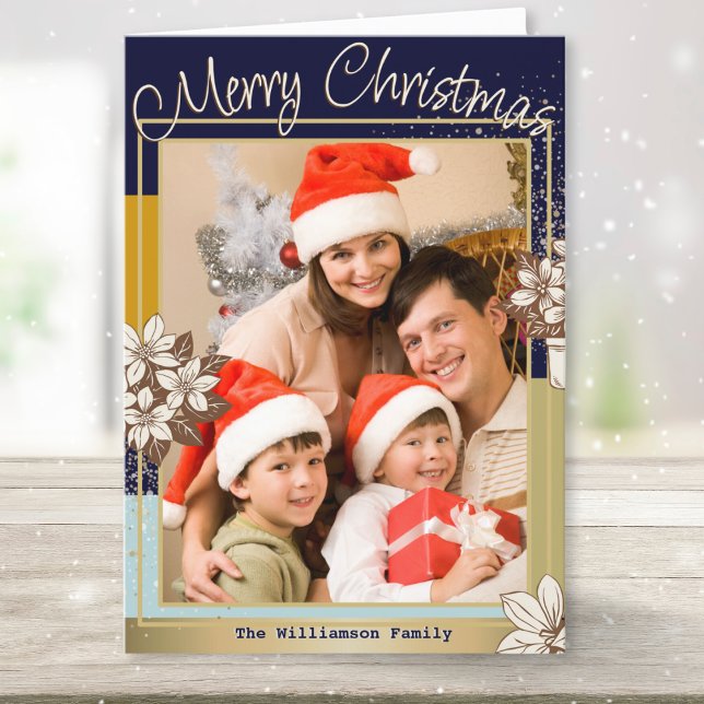 Modernes Blumenblauer Gold Foto Frohe Weihnachten (A contemporary blue and faux gold Christmas card to personalize with your own photo and name(s))