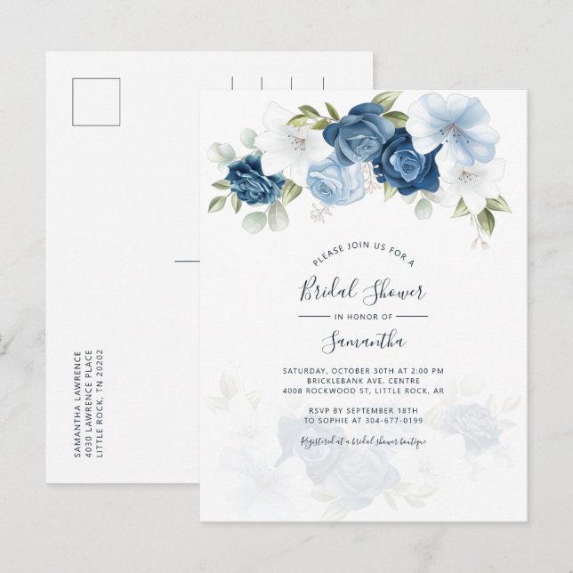 Modernes Blumendusty Blue Script-Brautparty Einladungspostkarte (Vorne/Hinten)