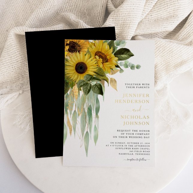 Modernes, blumenfarbenes Gold Schwarz & Weiß Gold Folieneinladung (Modern Floral Gold Black & White Gold Foil Invitation)