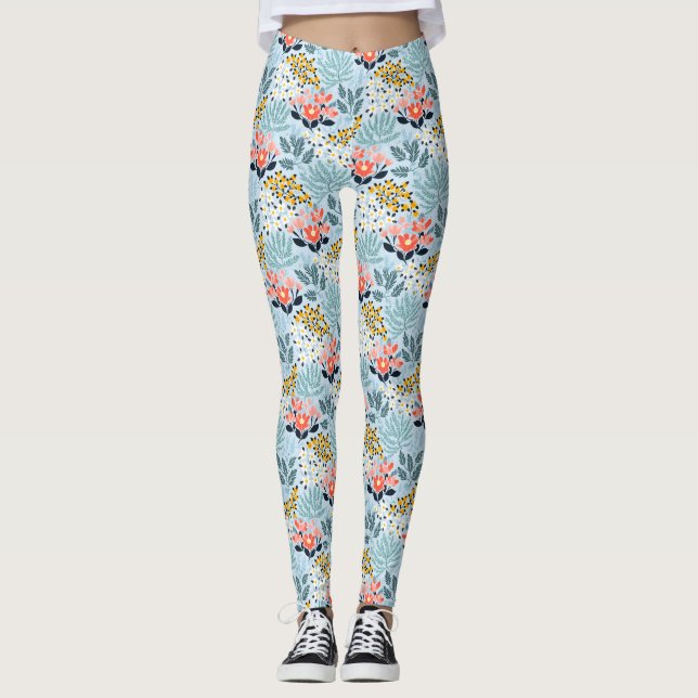 Modernes Blumengestein auf blau Leggings (Vorderseite)