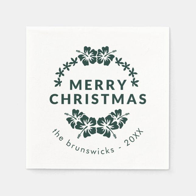 Modernes Blumengrün frohe Weihnachtsfamilienpapier Serviette (Vorderseite)