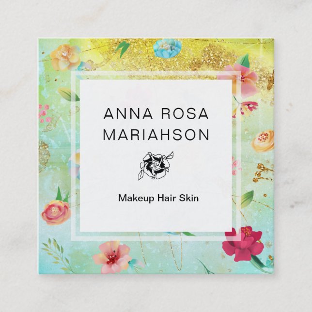 *~* Modernes Blumenmuster Gold Glitzer Quadratische Visitenkarte (Vorderseite)