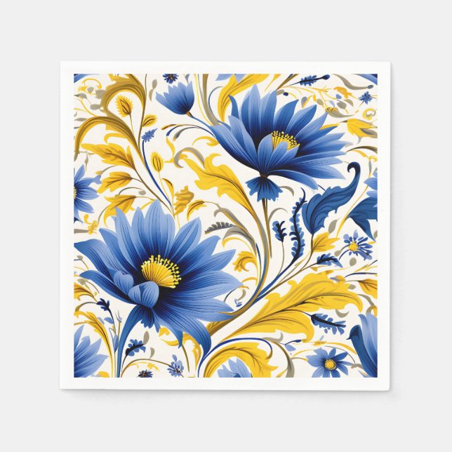 Modernes Blumenmuster mit blau und gelb Serviette (Vorderseite)