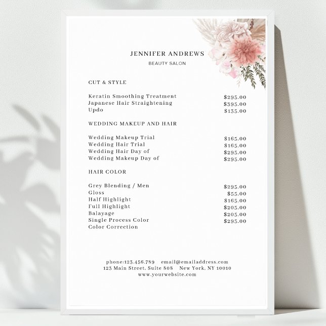 Modernes Blumenpreisliste-Poster Poster (Floral Minimal Salon Price List Poster)