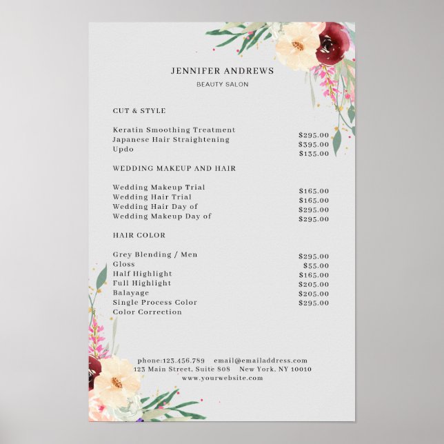 Modernes Blumenpreisliste-Poster Poster (Vorne)