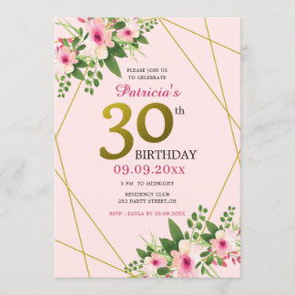 Modernes Blumenrosa und Gold 30. Geburtstag Einladung