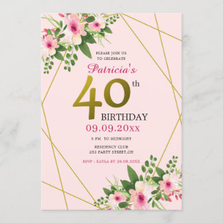Modernes Blumenrosa und Gold 40. Geburtstag Einladung