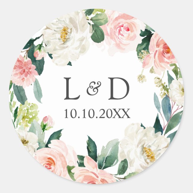 Modernes Blush Floral Wedding Classic Monogram Runder Aufkleber (Vorderseite)