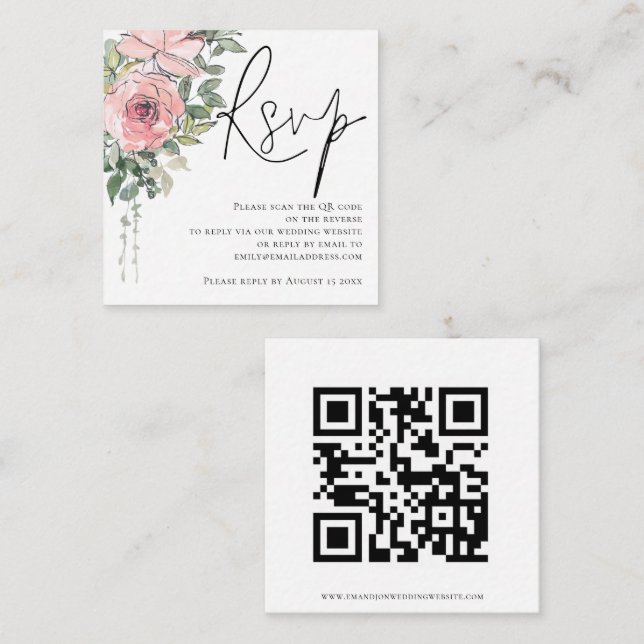 Modernes Blush Florals Script QR Code Wedding RSVP Begleitkarte (Vorne/Hinten)