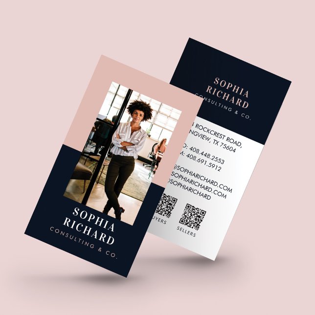 Modernes Blush & Navy Beruflich Business Foto QR Visitenkarte (Von Creator hochgeladen)