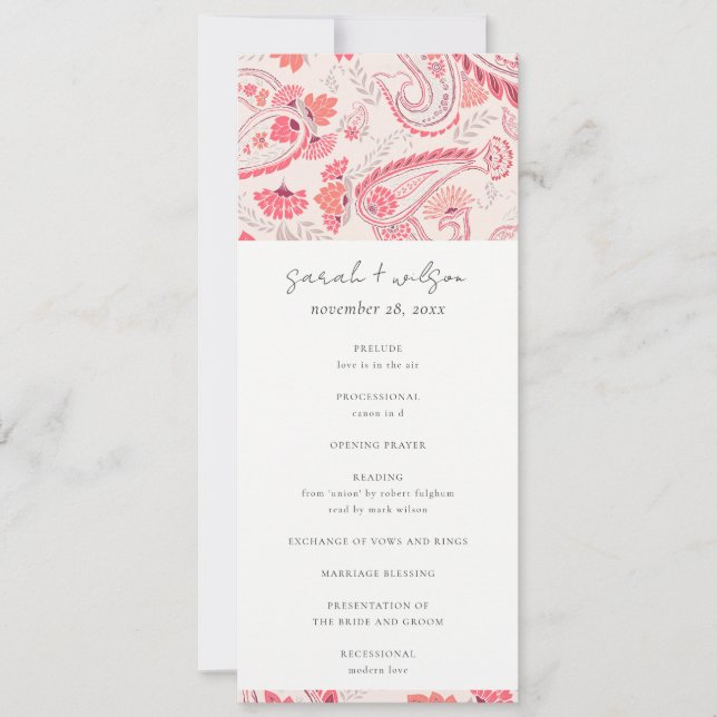 Modernes Blush Paisley Typografy Wedding Programm (Vorderseite)
