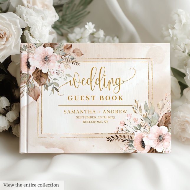 Modernes Blush Pink Gold Herbst Blumenbuch Gästebuch (Modern Blush Pink Gold Autumn Floral Wedding Book)
