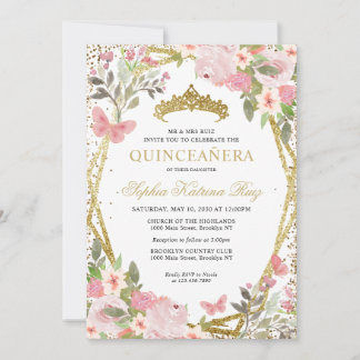 Modernes Blütenrosa Gold Tiara Quinceañera Einladung
