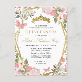 Modernes Blütenrosa Gold Tiara Quinceañera Postkarte