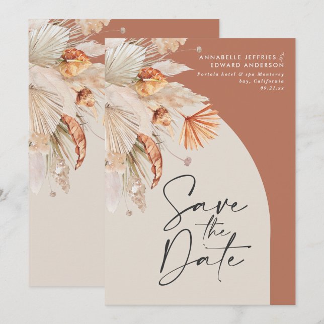 Modernes bohemianisches Terracotta Pampas Gras sti Save The Date (Vorne/Hinten)