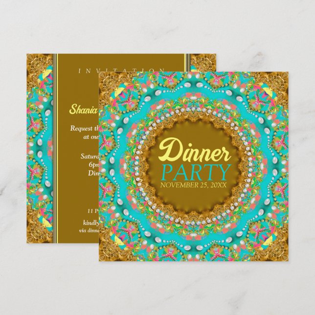 Modernes Bohemisches Aqua Gold Dinner Party Einladung (Vorne/Hinten)
