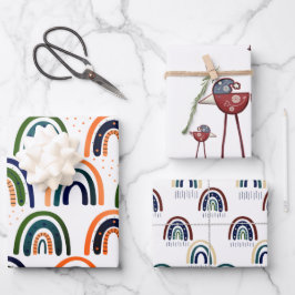 Modernes Bohemisches Nordic Bird- und Regenbogenmu Geschenkpapier Set