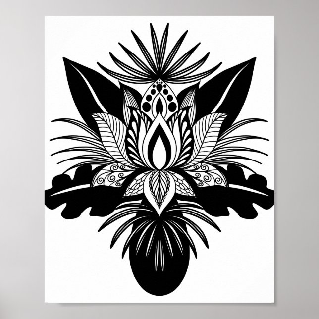 Modernes, Bohemisches Schwarz-weißes Lotus Leaf Poster (Vorne)