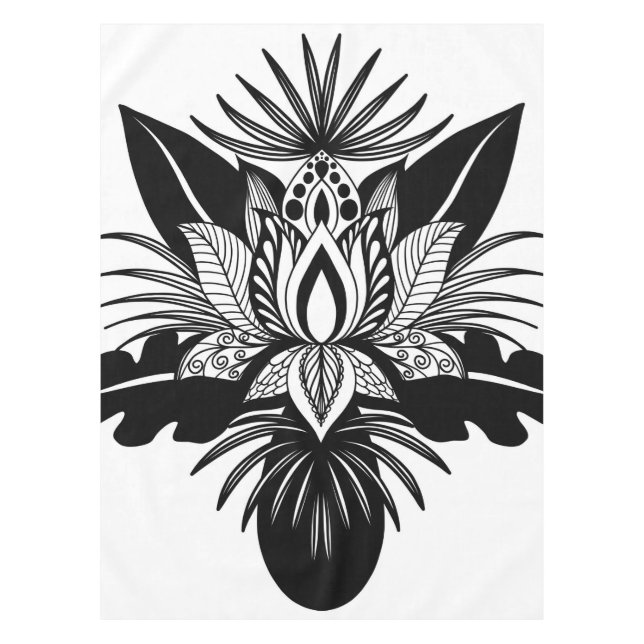 Modernes, Bohemisches Schwarz-weißes Lotus Leaf Tischdecke (Vorderseite)