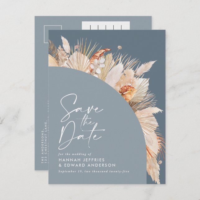 Modernes böhmisches Foto mit blauen Pampas Ankündigungspostkarte (Vorne/Hinten)