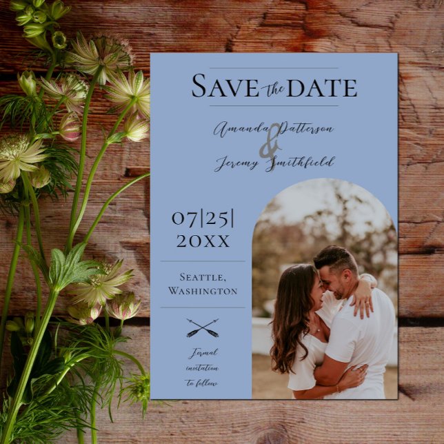 Modernes Boho Arch-Foto | Dusty Blue Save The Date (Modern Arch Photo Save the Date - Dusty Blue)