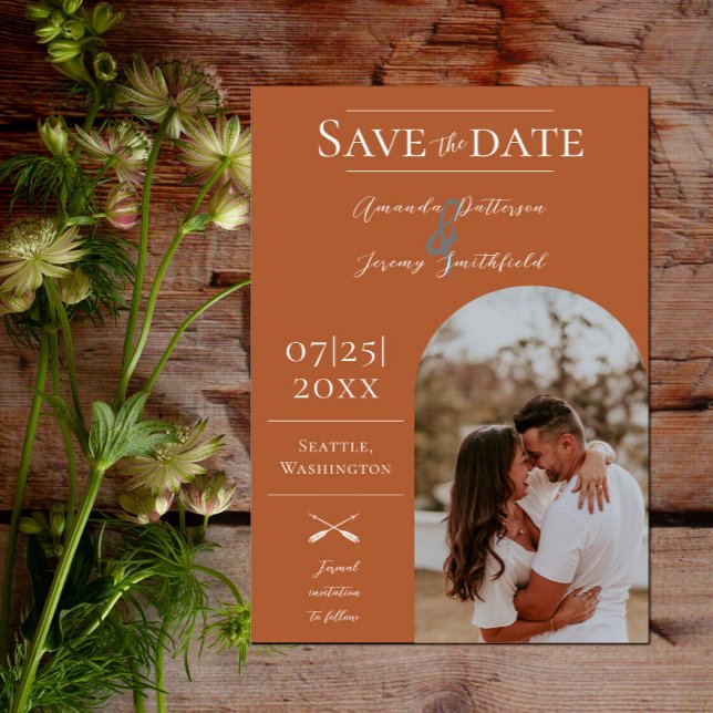 Modernes Boho Arch-Foto | Flammendes Orange Save The Date (Modern Arch Photo Save the Date - Burnt Orange)