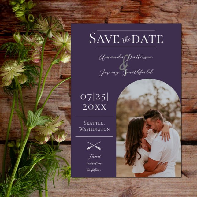 Modernes Boho Arch-Foto | Lila Save the Date (Modern Arch Photo Save the Date - Purple)
