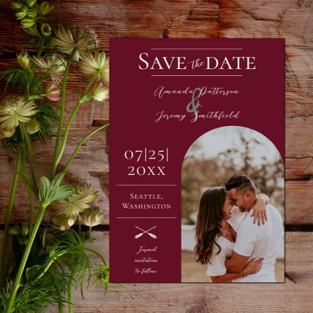 Modernes Boho Arch-Foto | Rot Save the Date (Modern Arch Photo Save the Date - Wine Red)