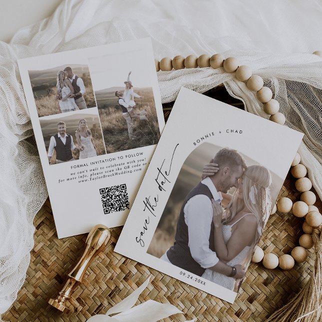 Modernes Boho Arch QR Code Foto Save The Date (Von Creator hochgeladen)