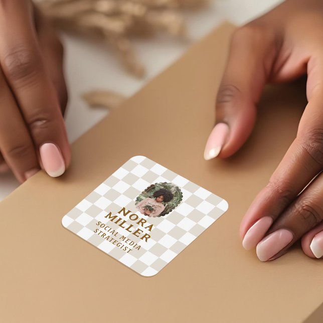 Modernes Boho Checkered Pattern Foto Business Quadratischer Aufkleber (Modern Boho Checkered Pattern Photo Business Square Sticker)