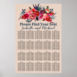 Modernes Boho Chic Red Floral 20-Tische Seating Ch Poster