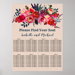 Modernes Boho Chic Red Floral 8-Tisch-Sitze Chart Poster