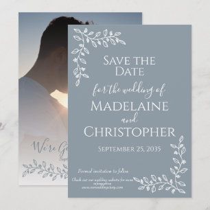 Modernes Boho Dusty Blue Botanical Foto Wedding Save The Date