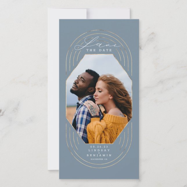 Modernes Boho Dusty Blue & Gold Save the Date Foto (Vorderseite)
