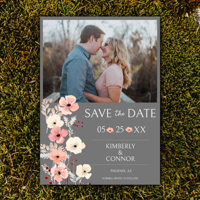 Modernes Boho Floral Foto Save the Date | Grau (Gray Modern Boho Floral Photo Save the Date)