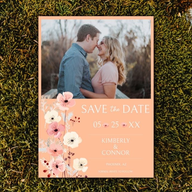 Modernes Boho Floral Foto Save the Date | Peach (Peach Fuzz Modern Boho Floral Photo Save the Date)