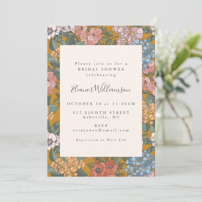 Modernes Boho Floral Mustard Yellow Brautparty Einladung (Stehend Vorderseite)