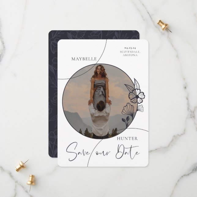 Modernes Boho Floral Rose Foto Circle Navy & White Save The Date (Vorderseite/Rückseite Beispiel)
